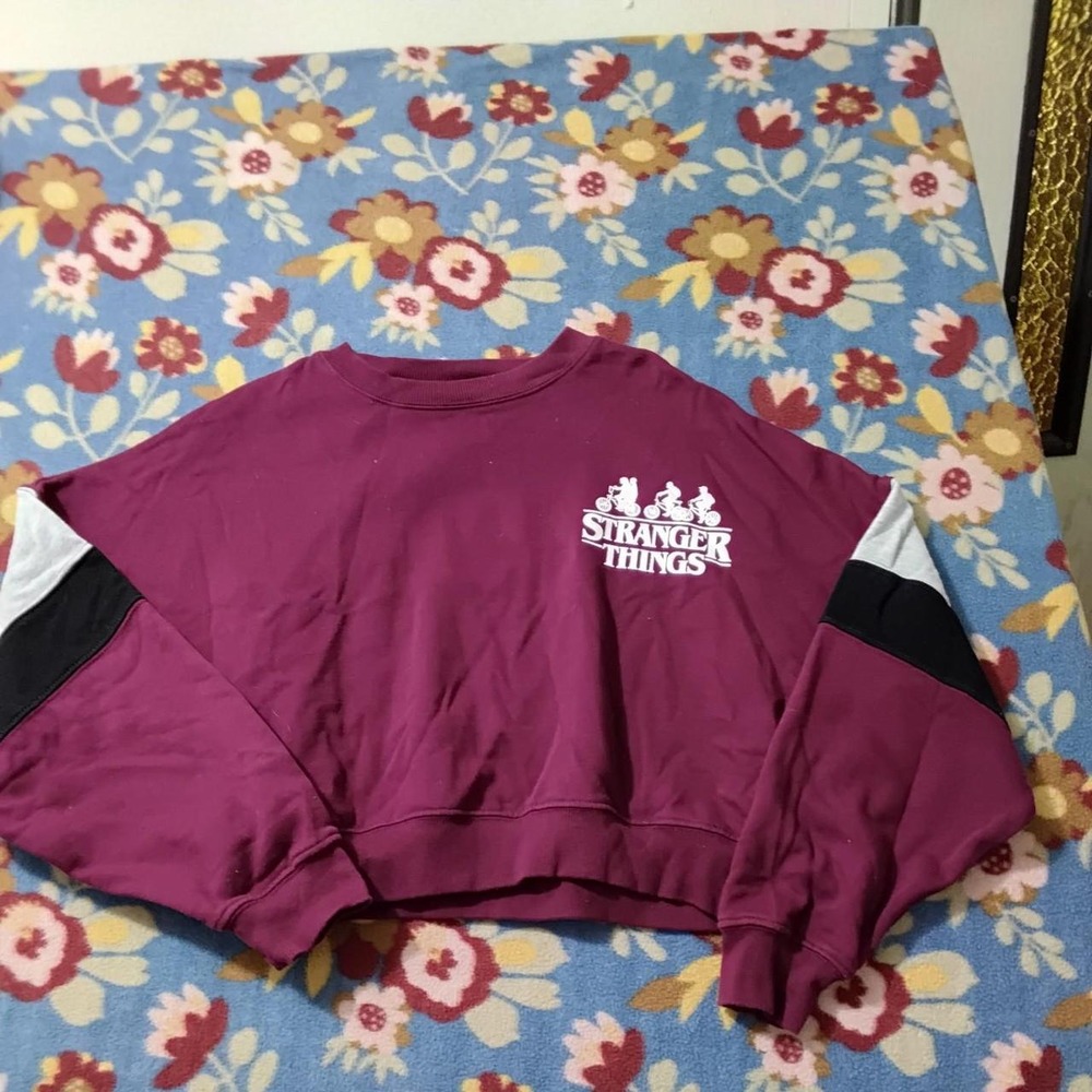 Stranger Things Cropped Sweatshirt Maroon Colorblock Logo Pullover Medium